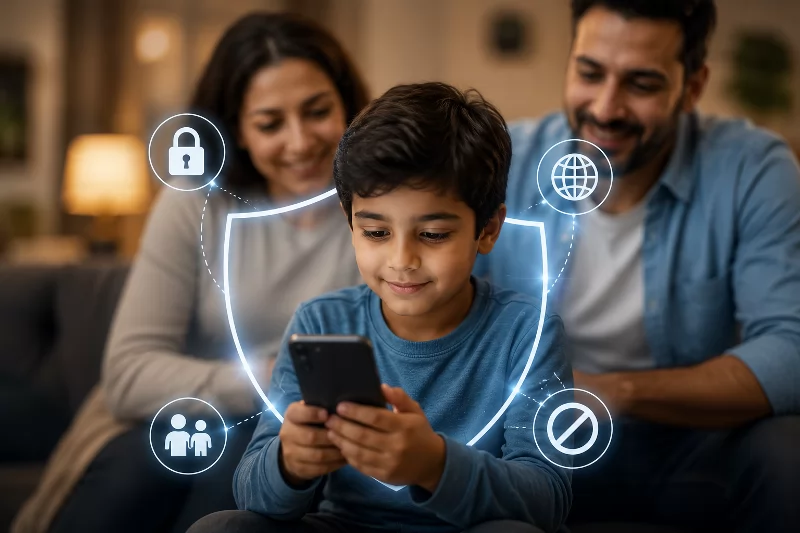 عائلة مطمئنّة وطفلها يتصفّح هاتفه بأمان